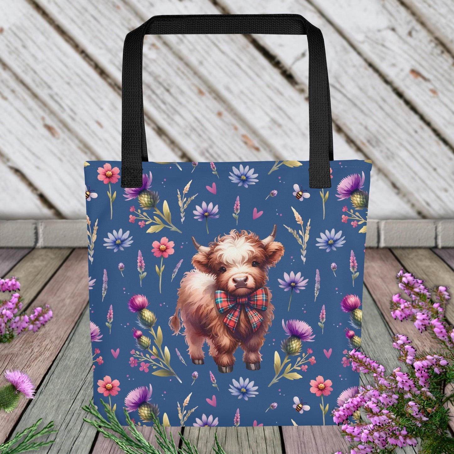 Blue Highland Cow and Flower Tote bag