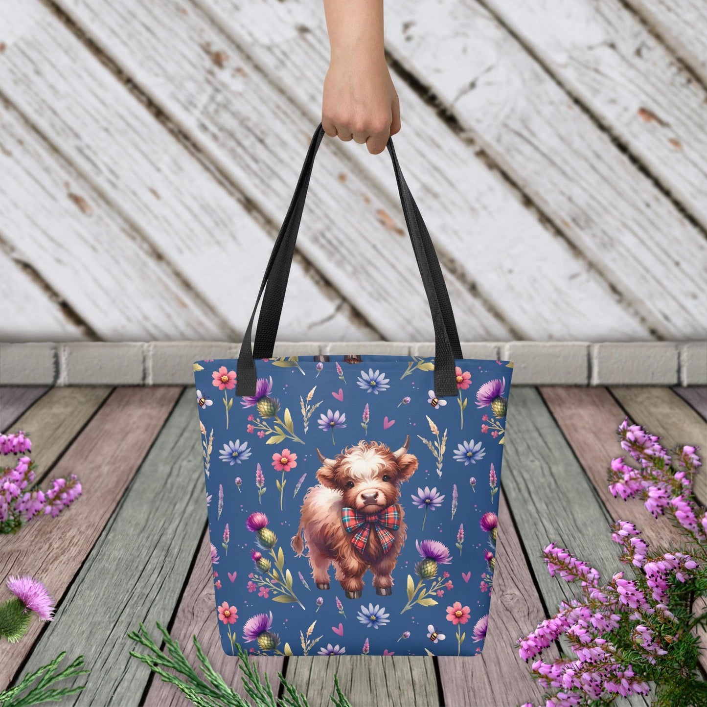 Blue Highland Cow and Flower Tote bag