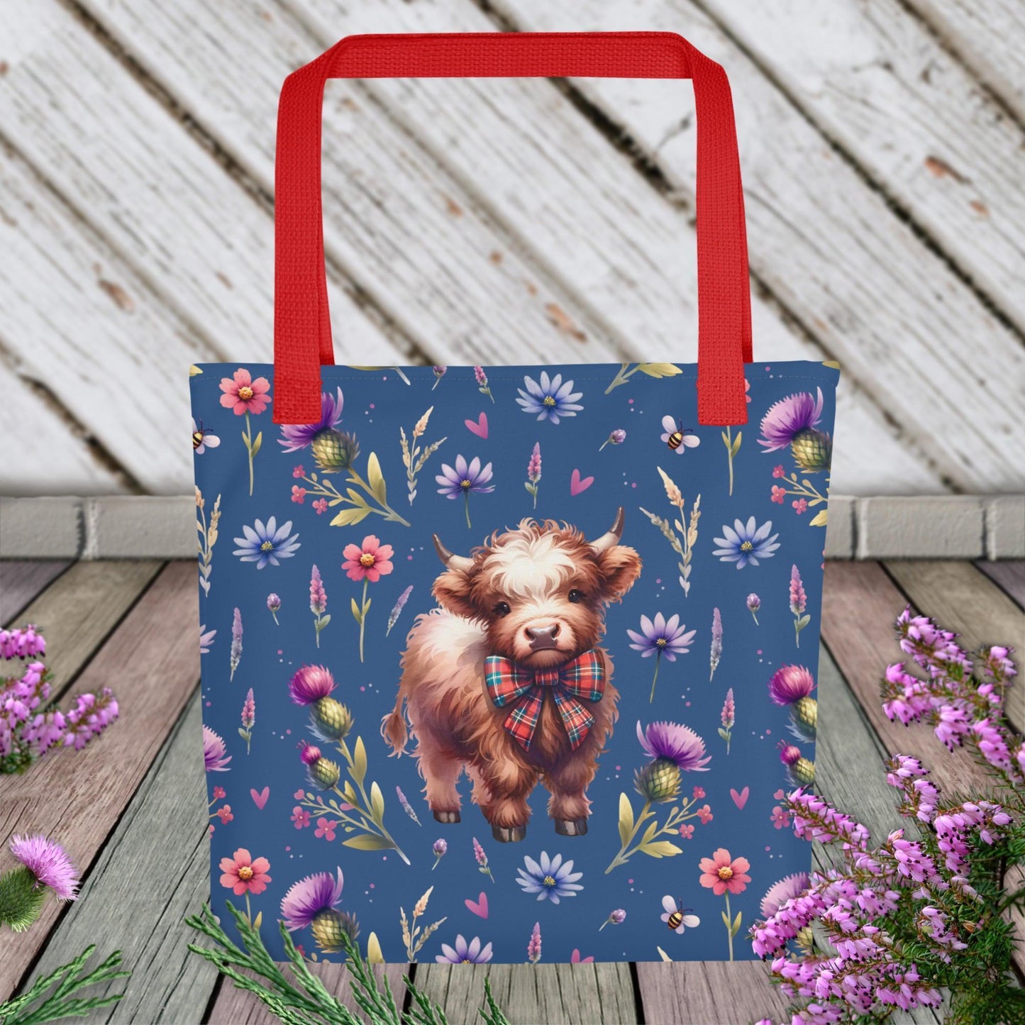 Blue Highland Cow and Flower Tote bag