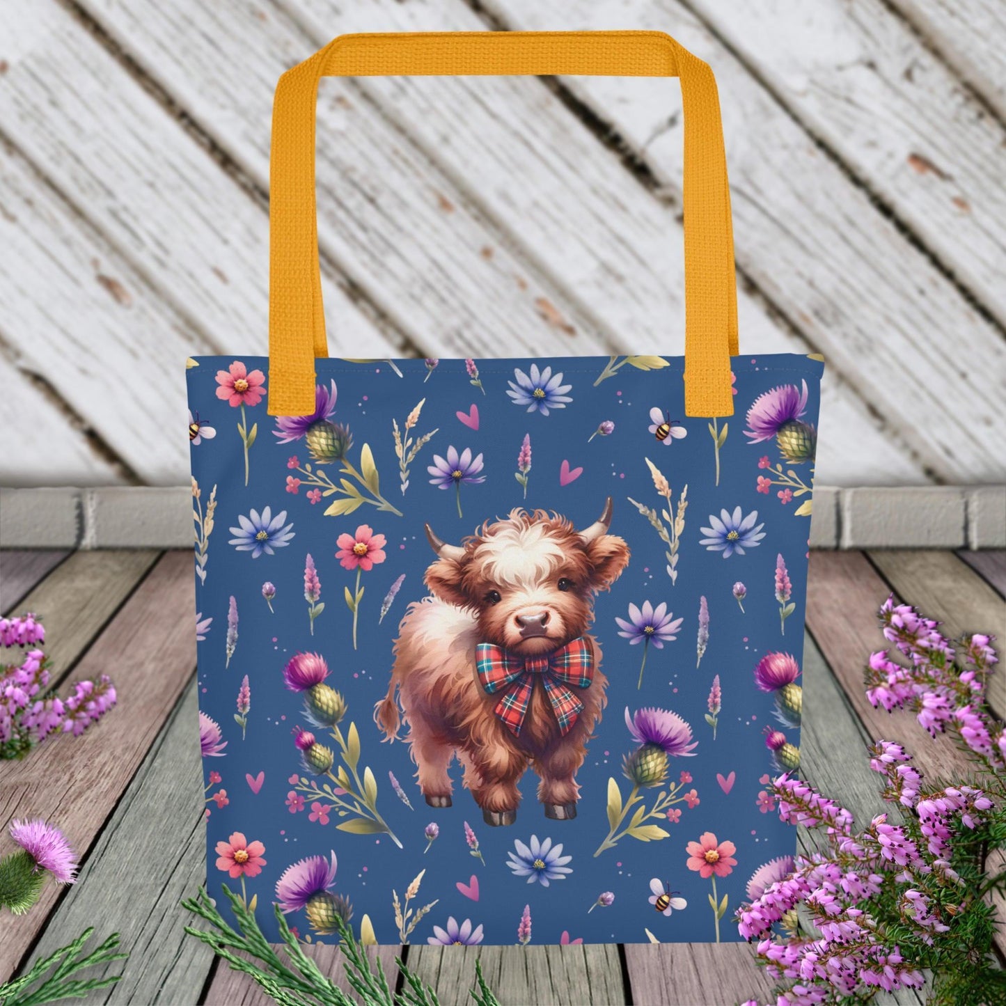 Blue Highland Cow and Flower Tote bag