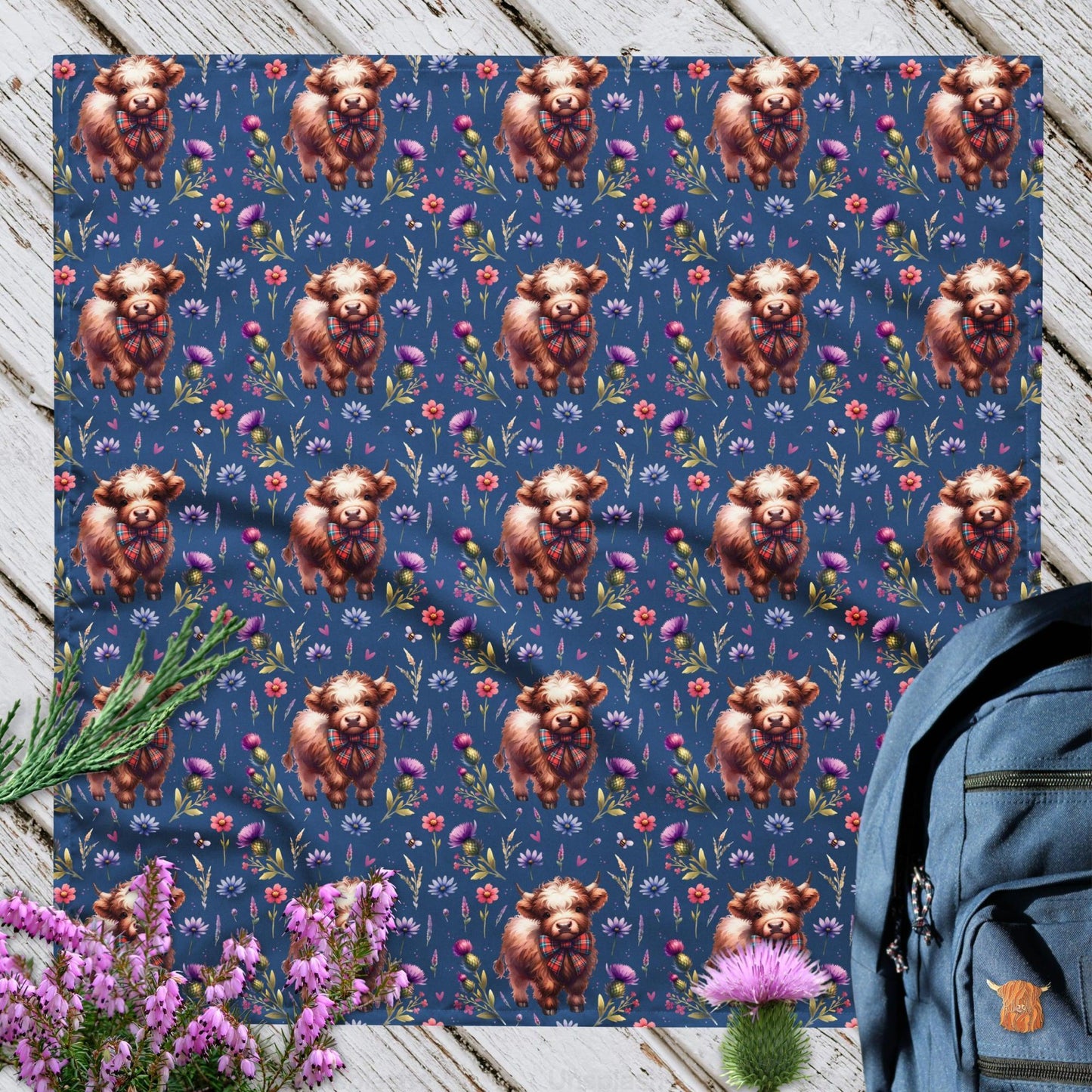 Blue Highland Cow and Flowers - All-over print bandana