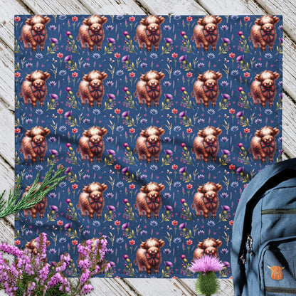 Blue Highland Cow and Flowers - All-over print bandana