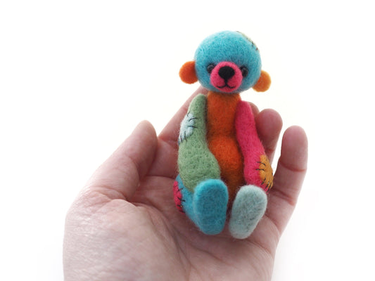 Needle Felted Colourful Artist Bear with Patches