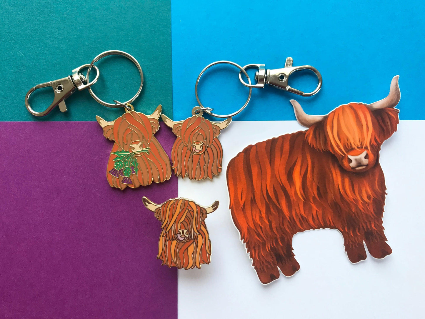 Highland Cow Gift Set - Keyrings, Pin and Sticker