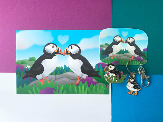 Puffin Lover Gift Set, Enamel Pin with Scottish Thistles, Keychain, Postcard and Sticker from Scotland