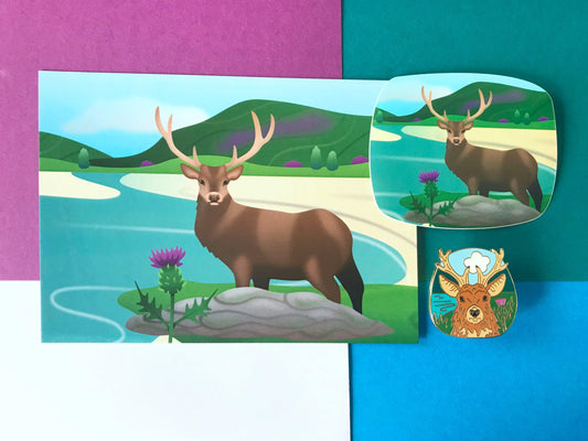 Stag Lover Gift Set, Red Deer Enamel Pin with Scottish Thistles, Postcard and Sticker from Scotland
