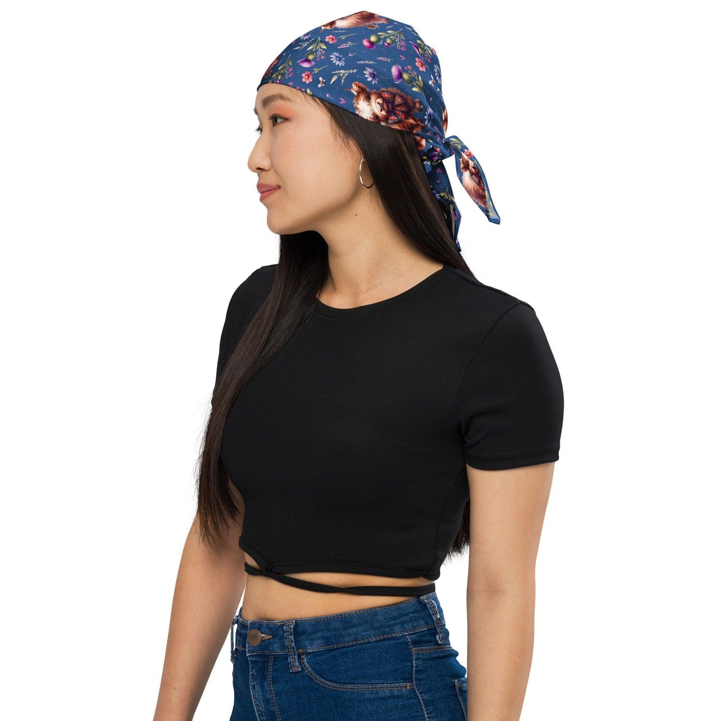 Blue Highland Cow and Flowers - All-over print bandana