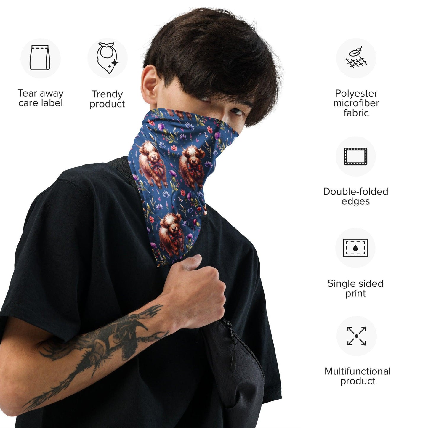 Blue Highland Cow and Flowers - All-over print bandana