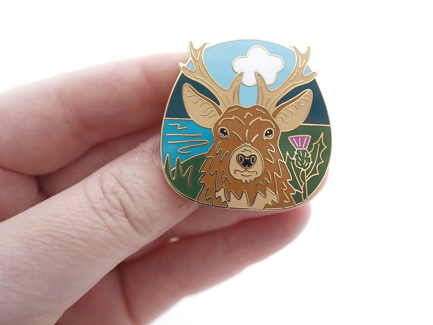 Scottish Stag with Thistles Enamel Pin Red Deer Badge Brooch