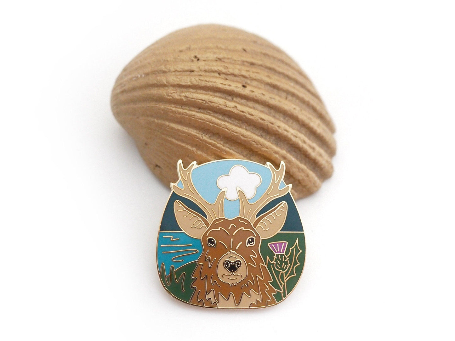 Scottish Stag with Thistles Enamel Pin Red Deer Badge Brooch
