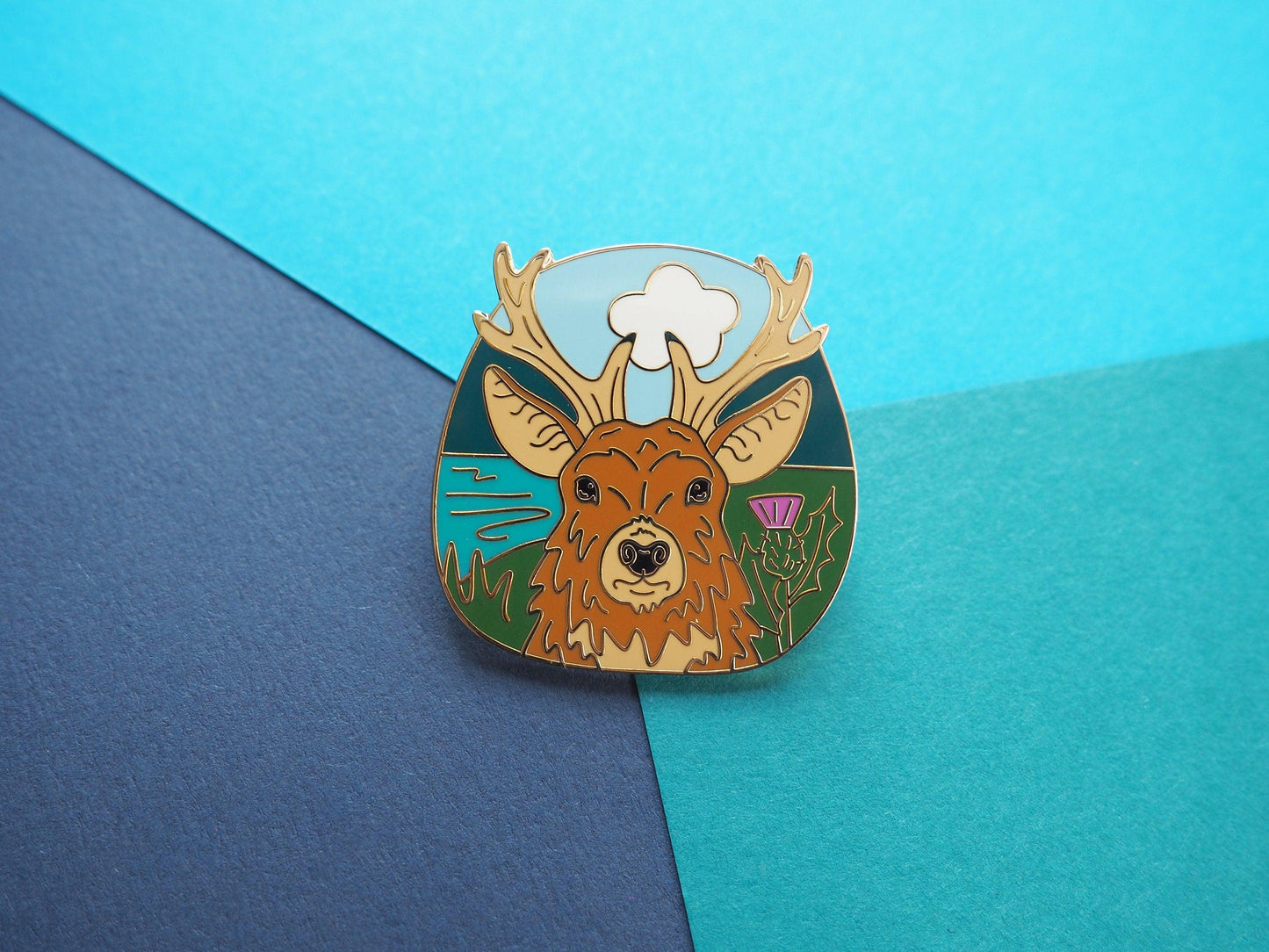 Scottish Stag with Thistles Enamel Pin Red Deer Badge Brooch