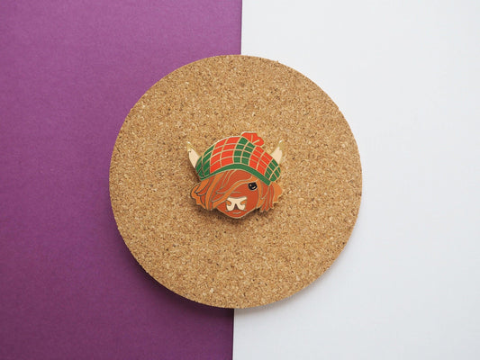 Highland Cow Enamel Pin with Tartan Tammy Hat