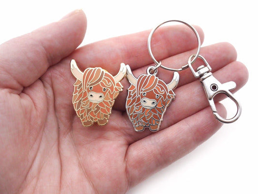 Highland cow enamel pin and/or hard enamel keyring. Scottish highland cow gift set.