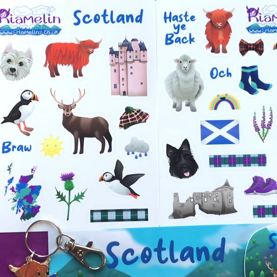 Scotland Bundle Video featuring enamel pin and keychain, postcard, sticker sheets and vinyl stickers