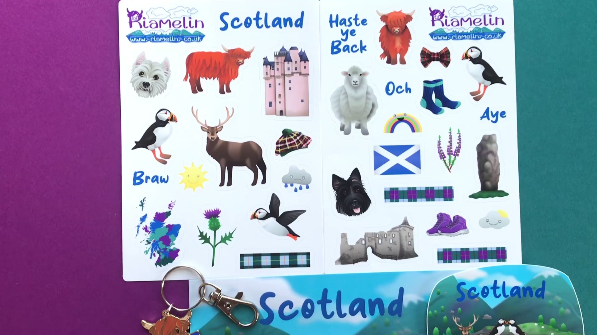 Scotland Bundle Video featuring enamel pin and keychain, postcard, sticker sheets and vinyl stickers